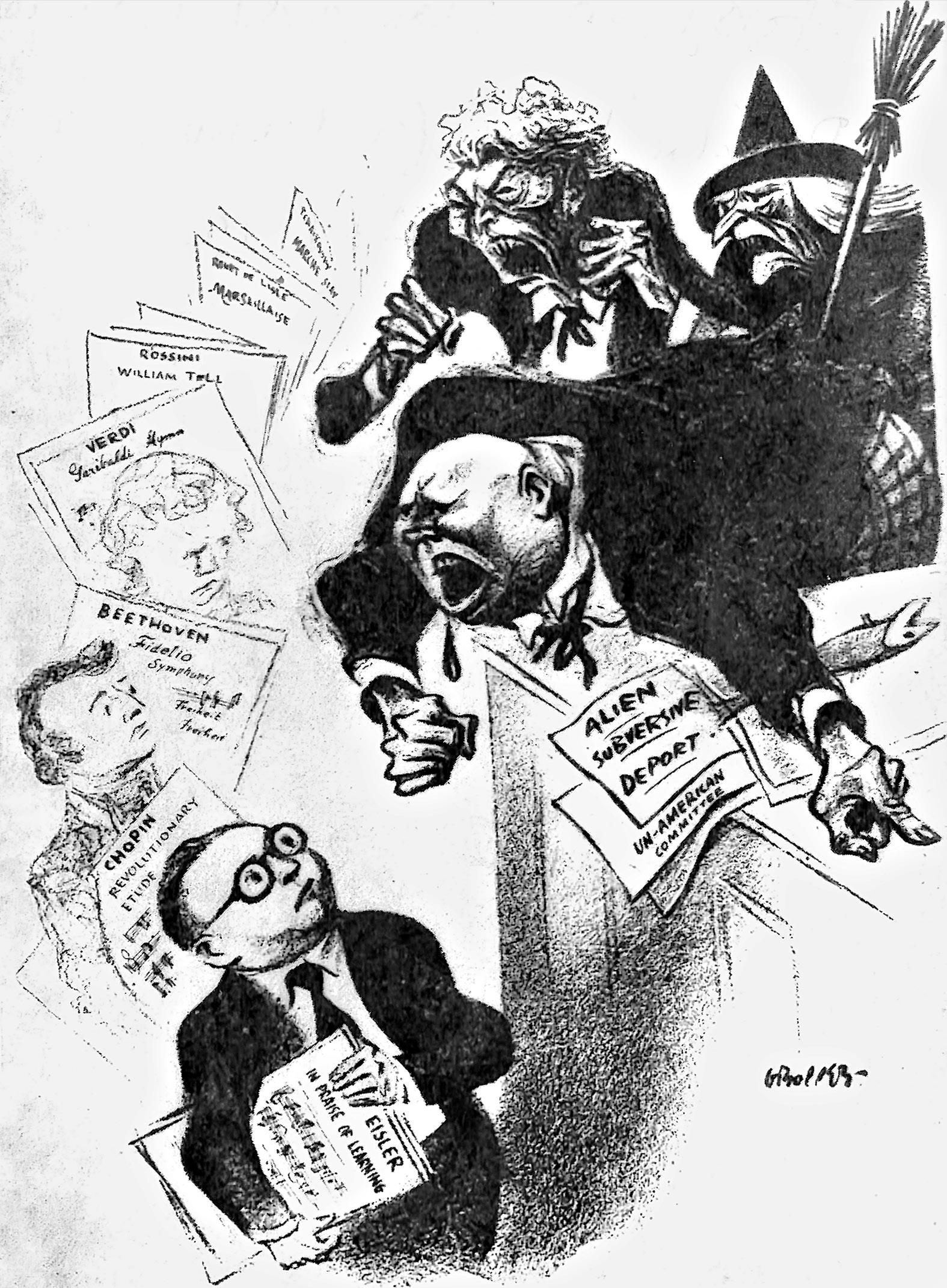 Das Verhör Hanns Eislers in einer amerikanischen Pressekarikatur (30. Oktober 1947), Akademie der Künste, Berlin, Hanns-Eisler-Archiv 3206, Zeichnung aus The New Masses