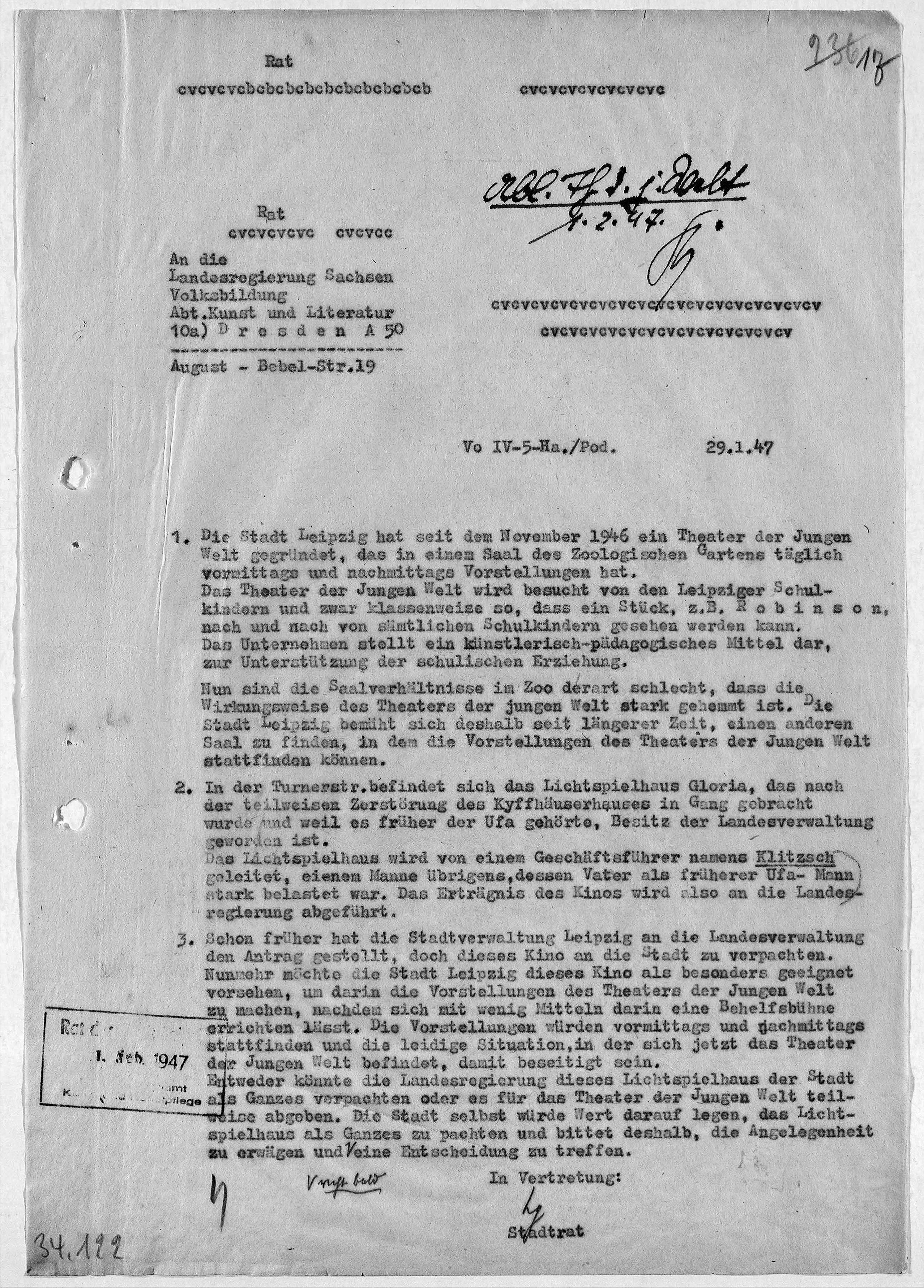 Brief des Stadtrates Leipzig, 1947