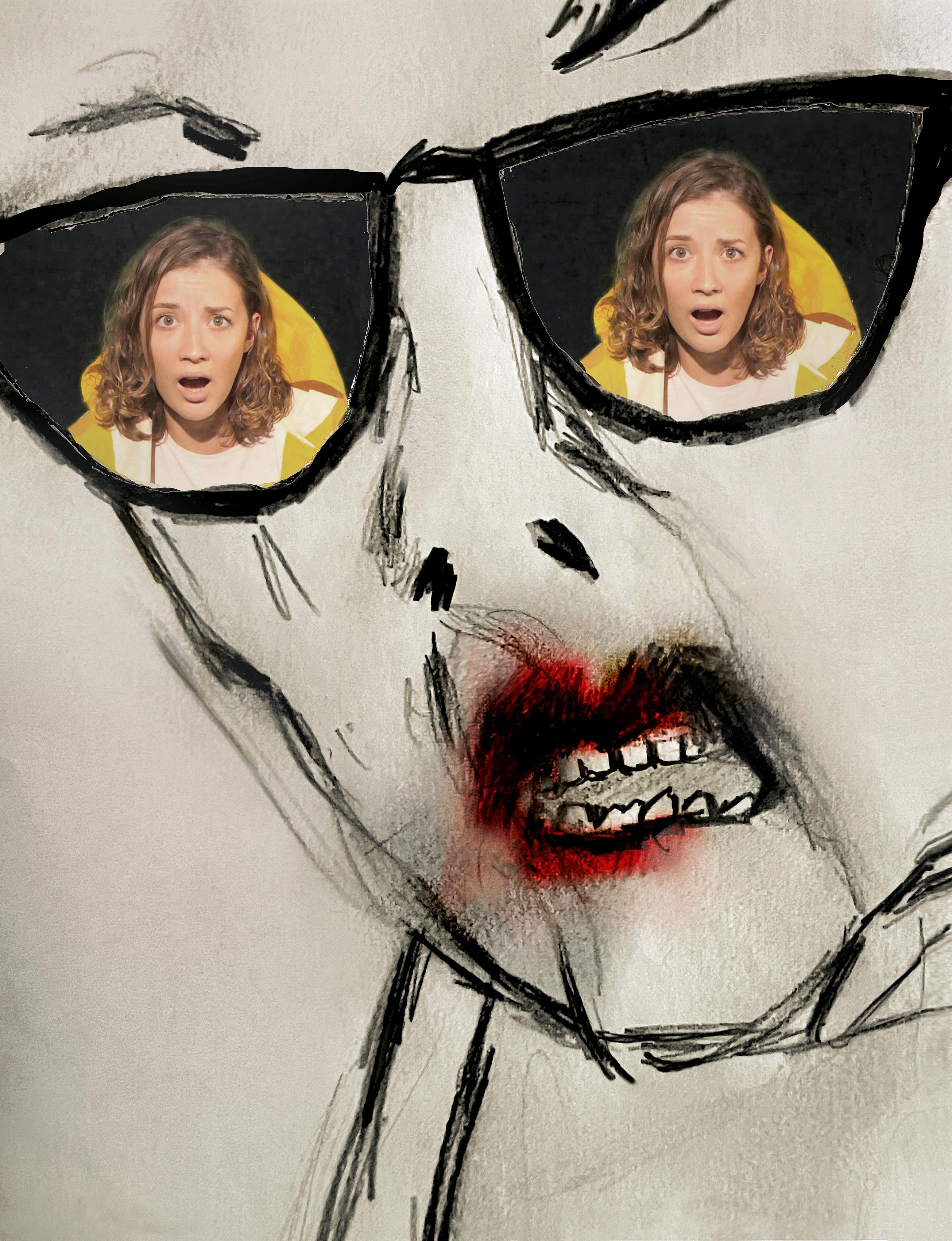 Szenenfoto aus „Spring doch“ an der Bayerischen Staatsoper 2022, in der Brille Anna-Lena Elbert, Zeichnung von Patrick Bannwart