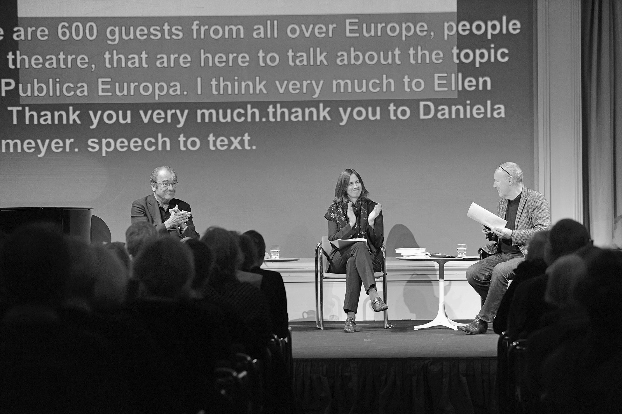 „The European Republic under Construction“, Bayerische Akademie der Schönen Künste, mit Robert Menasse, Kathrin Röggla und Axel Tangerding. Foto: Regine Heiland, Silke Schmidt