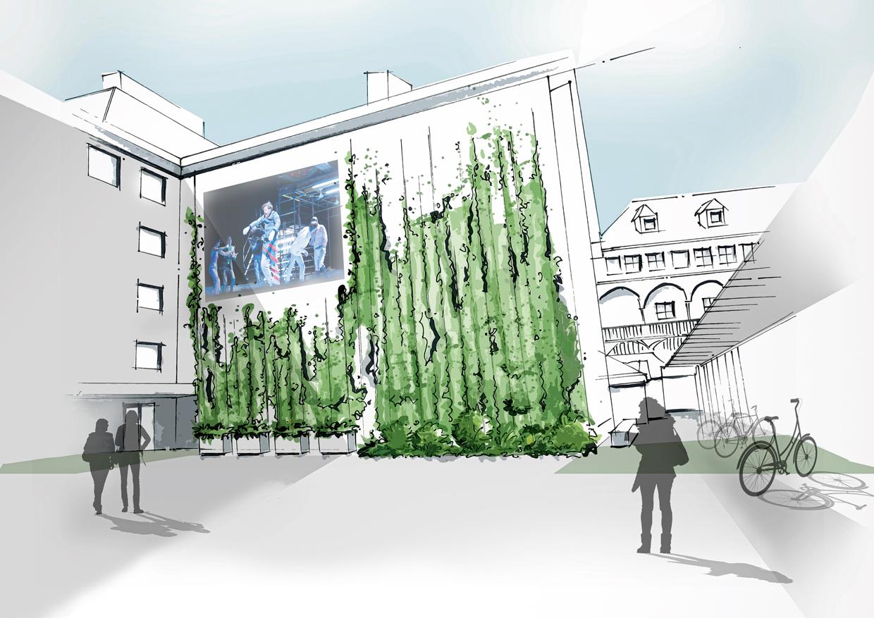 Fassadenbegrünung am Schauspielhaus Graz.