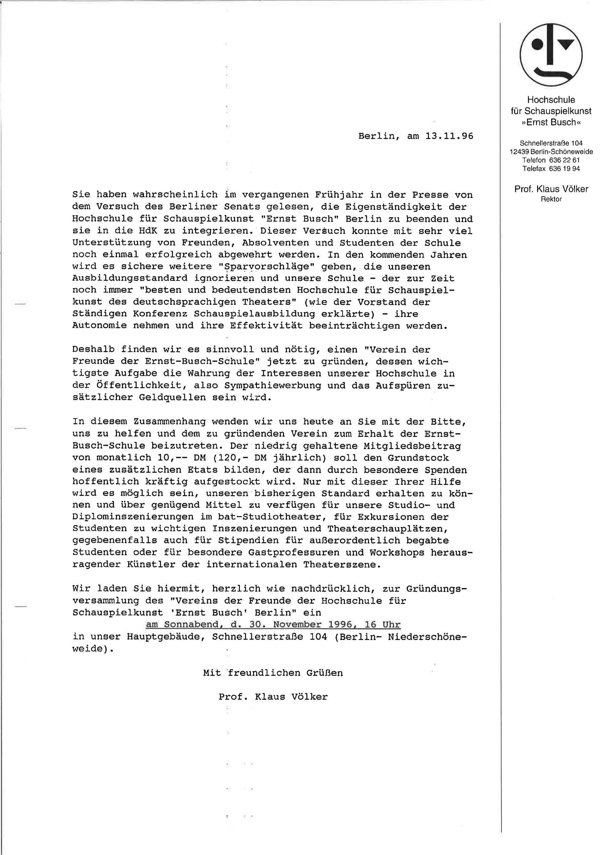 Gründungsbrief des Freundeskreises von Klaus Völker vom 13. November 1996