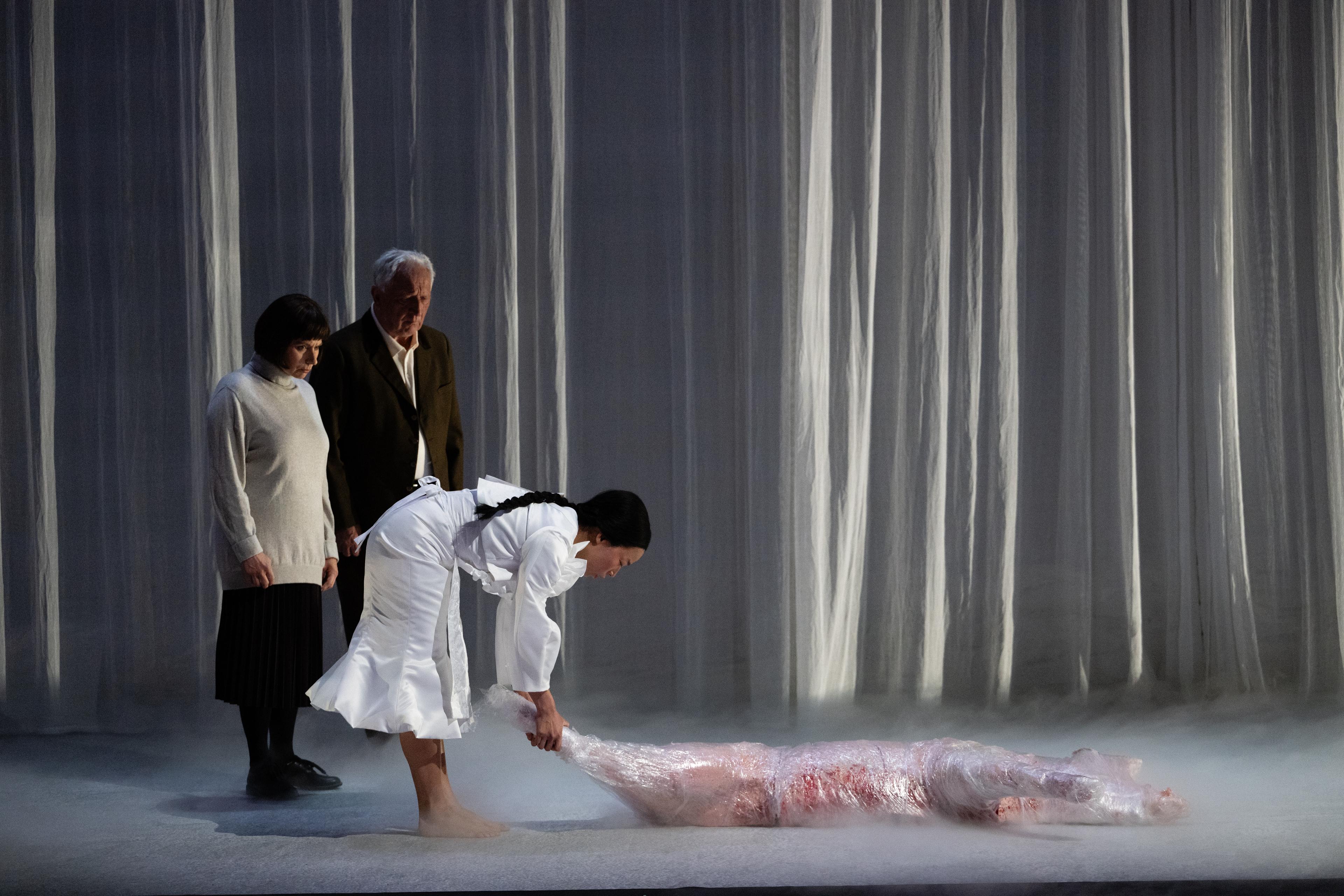 Dunja Sowinetz, Hans Dieter Knebel und Kotti Yun in „Die Vegetarierin“ in der Regie von Marie Schleef am Wiener Burgtheater. Foto Christoph Liebentritt