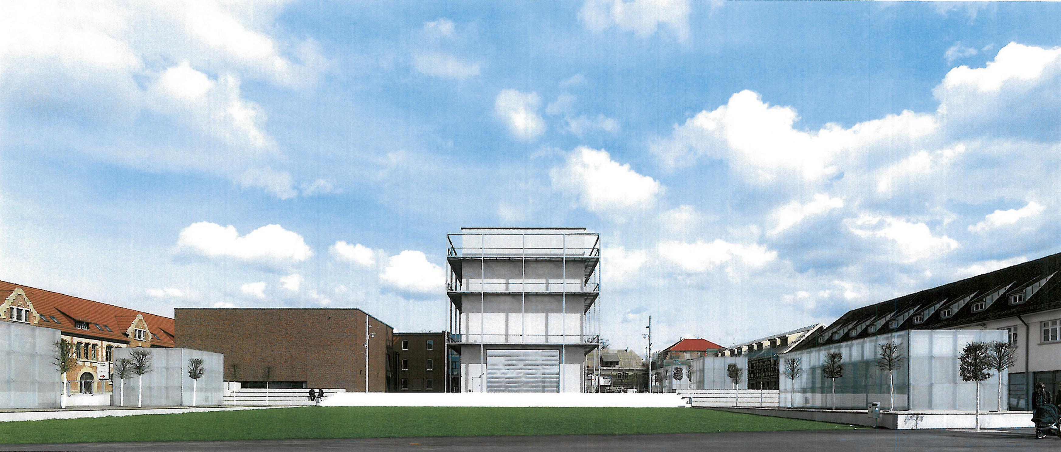 Akademie für Darstellende Kunst Baden-Württemberg, 2008 eröffnet. Ansicht vom Theaterturm und der Außenspielfläche / links die angeschlossenen Proberäume / dahinter Unterrichts- und Werkstatträume, Foyer / vorgelagert und tiefer gesetzt die Grünfläche vom Campus der Akademie für Darstellende Kunst und der Filmakademie Baden-Württemberg