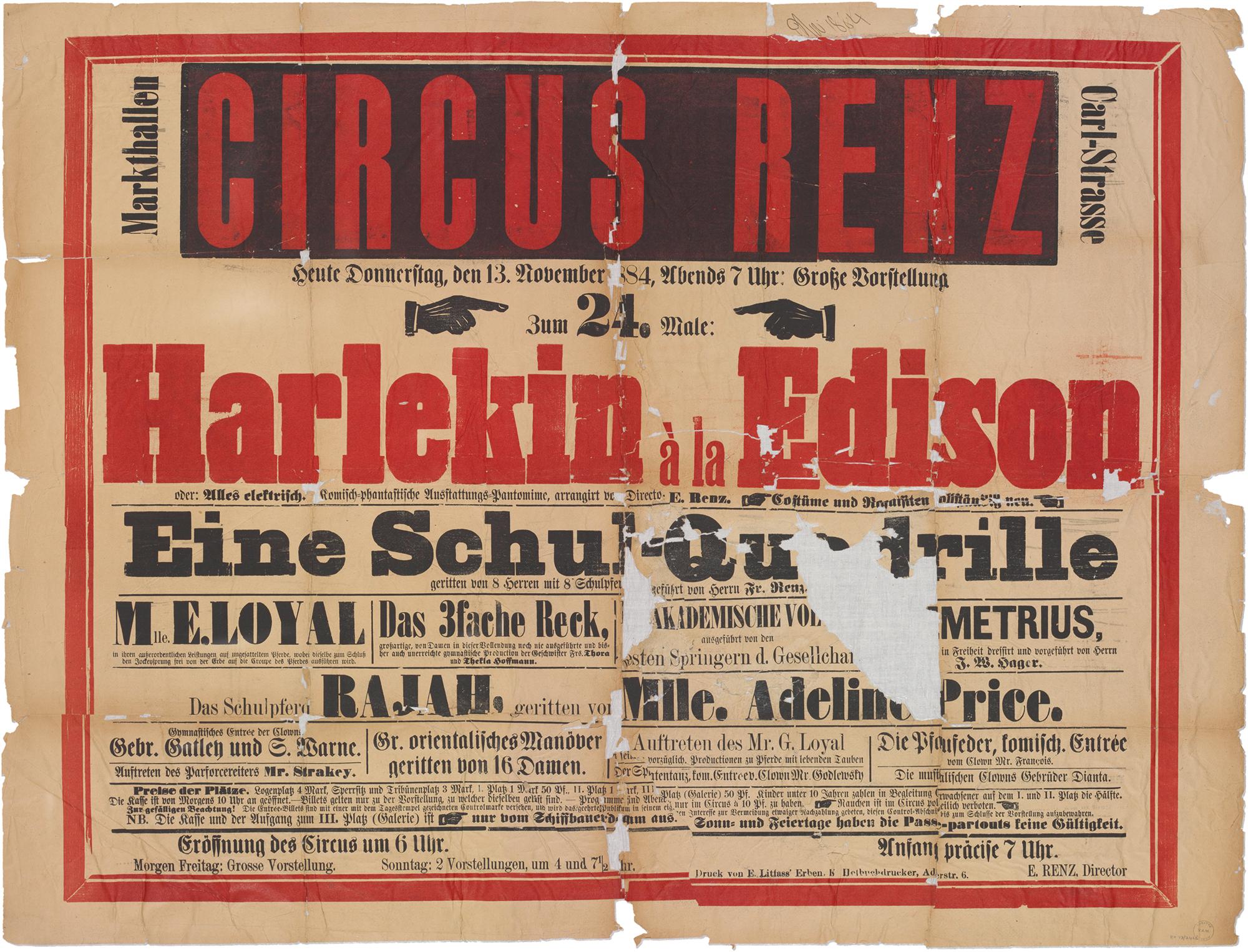 Plakat für ein Programm im Markthallenzirkus unter Circus Renz (1884).