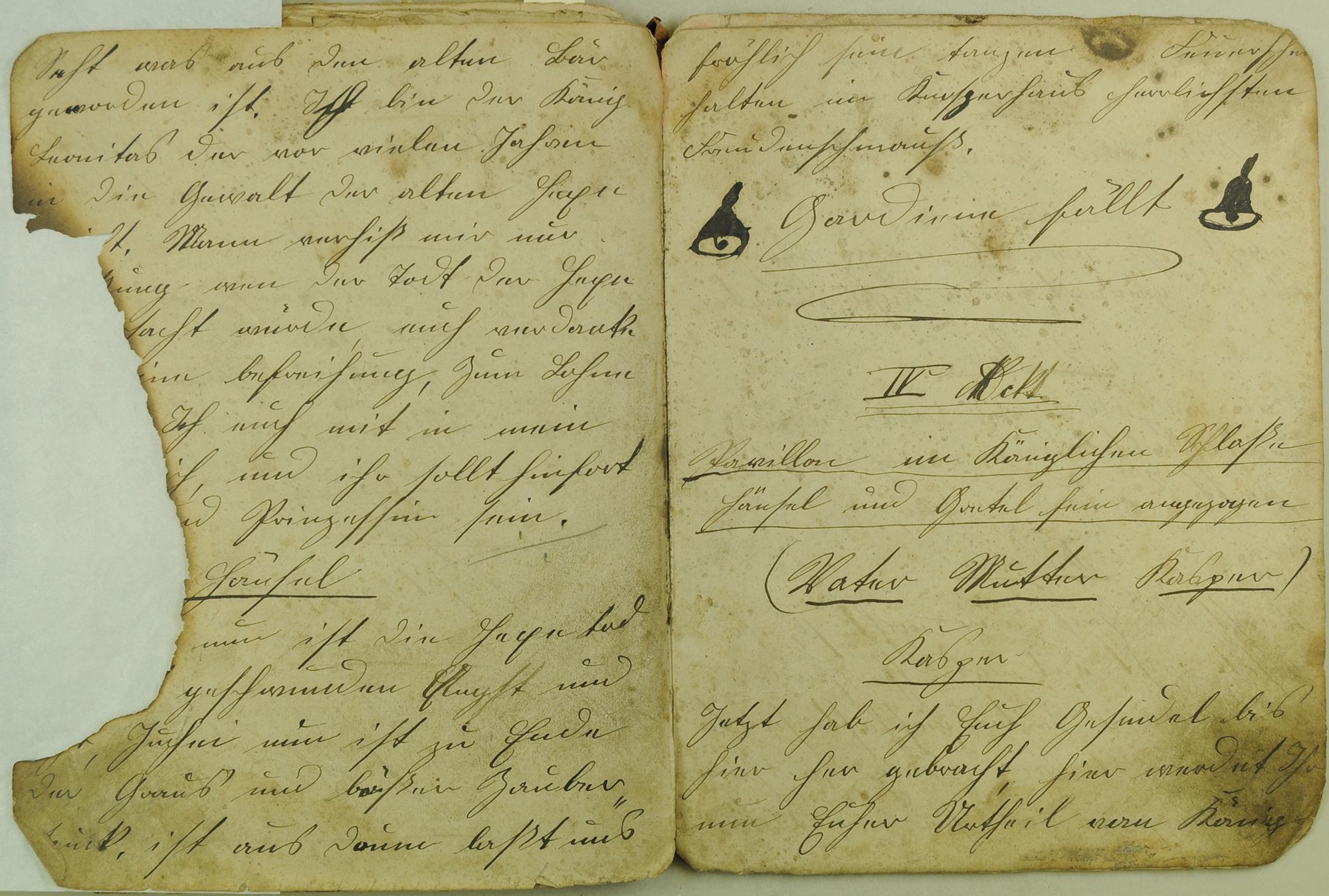 Handschrift der Familie Listner, links Brandflecken von einem umgekippten Licht, rechts in der unteren Ecke starke Gebrauchsspuren vom Umblättern während der Vorstellung.