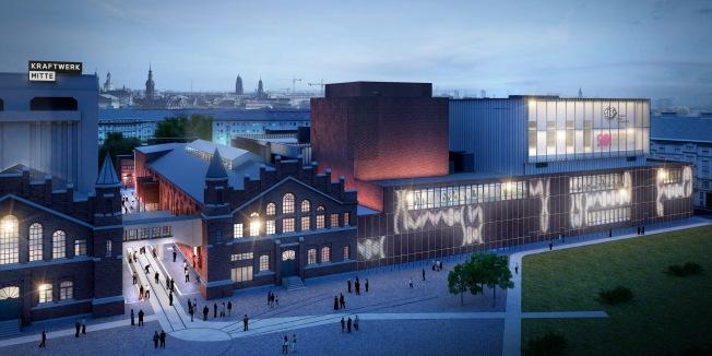 Vier Theatersäle und insgesamt acht funktionsbezogene Probebühnen auf 35 000 Quadratmetern Grundfläche – Das neue Kraftwerk Mitte in Dresden. Visualisierung: renderwerke